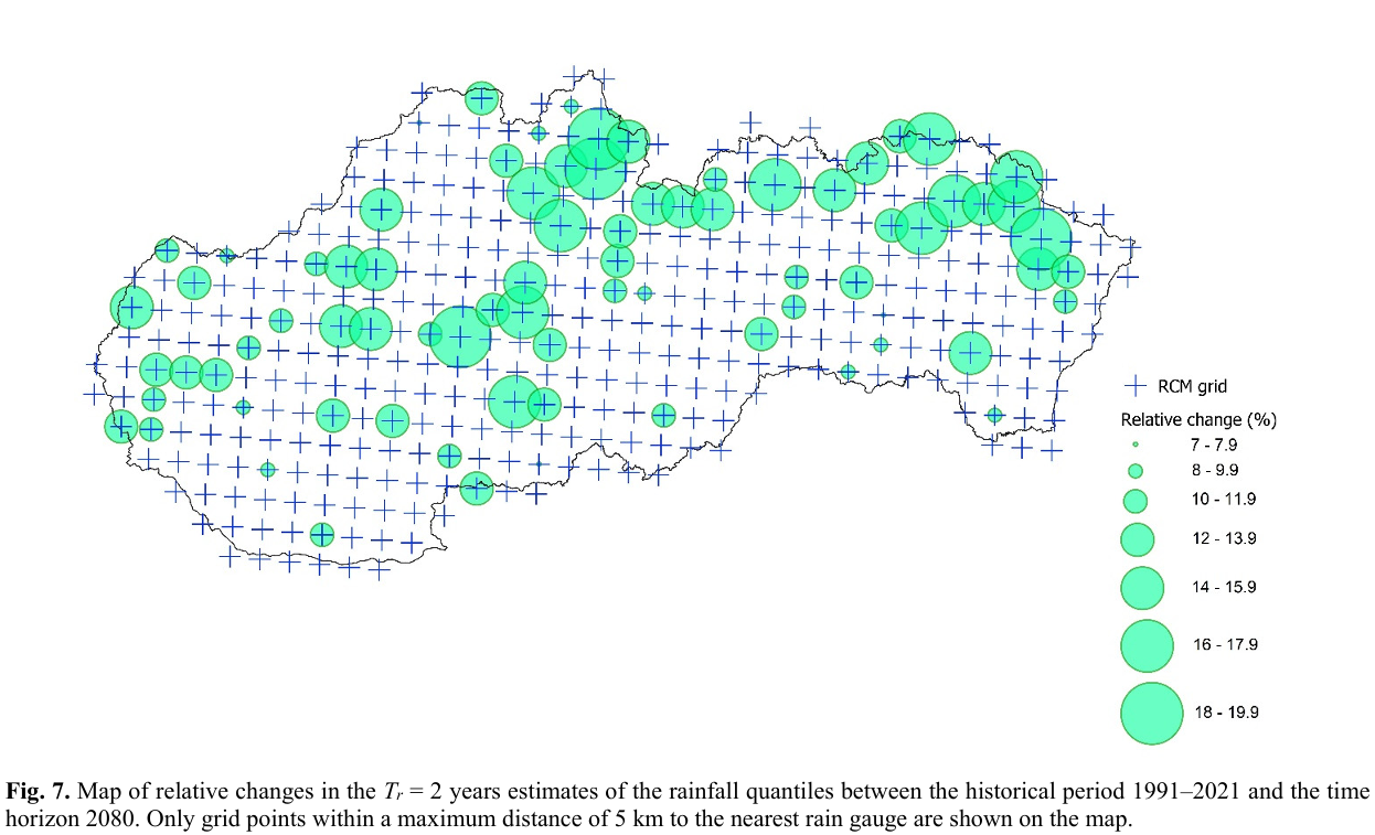 Map of relative changes in rainfall quantiles over Slovakia by 2080